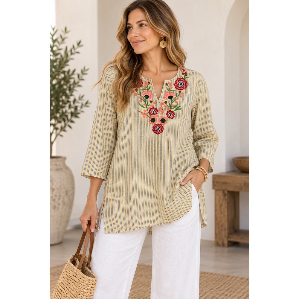 Charter Club 100% Linen Embroidered Floral Striped Tunic Top XL